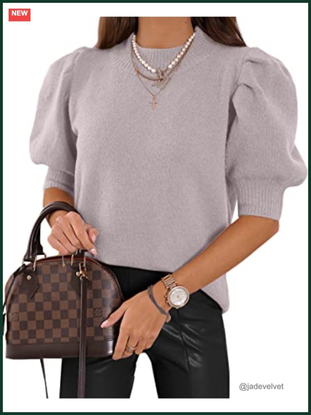 Women's Puff Short Sleeve Knit Sweater Top Crew Neck Casual Blouse